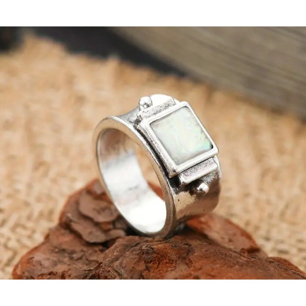 Natural Stone Moonstone Sterling Silver Alloy Wide Band Ring Womens Sz 9